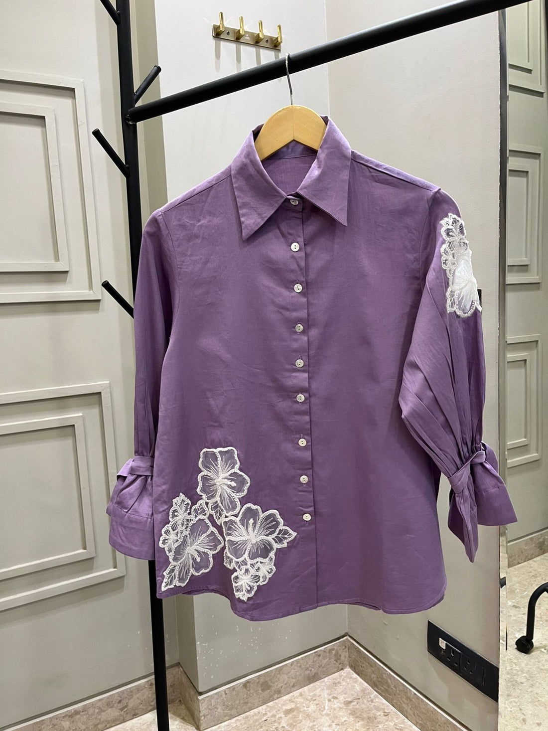 Lavender Organic Cotton Shirt with White Embroidery & Cutwork Detailing