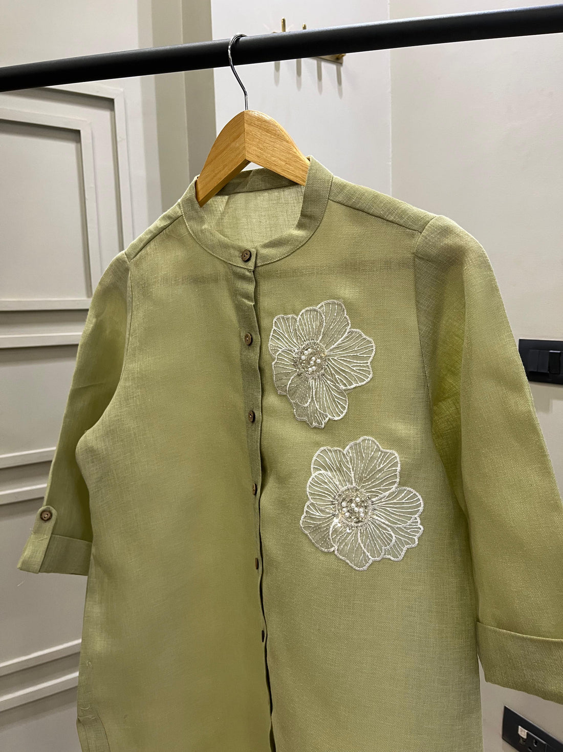 Sea Green Linen Kurta with White Patchwork Detailing