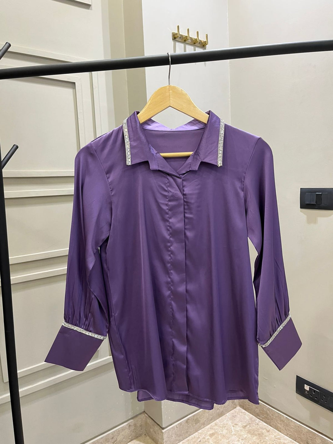 Lavender Satin Shirt with Silver Lace Detailing & Elegant Cuffs