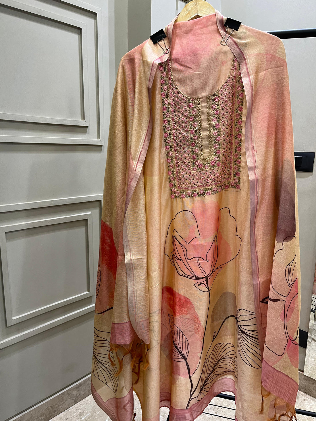 Soft Pink & Beige Chanderi Cotton Unstitched Suit with Embroidered Yoke and Printed Dupatta