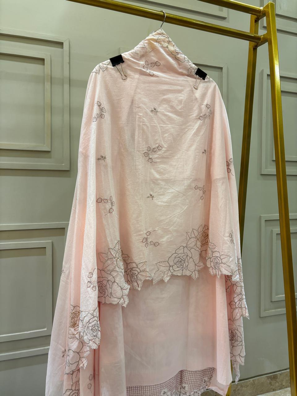 Soft Cotton Pastel Pink Unstitched Suit with Cut-work Thread Embroidered Dupatta