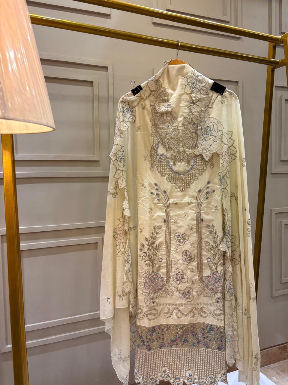 Soft Cotton Pastel Green Unstitched Suit with Floral Thread & Lace Detailing