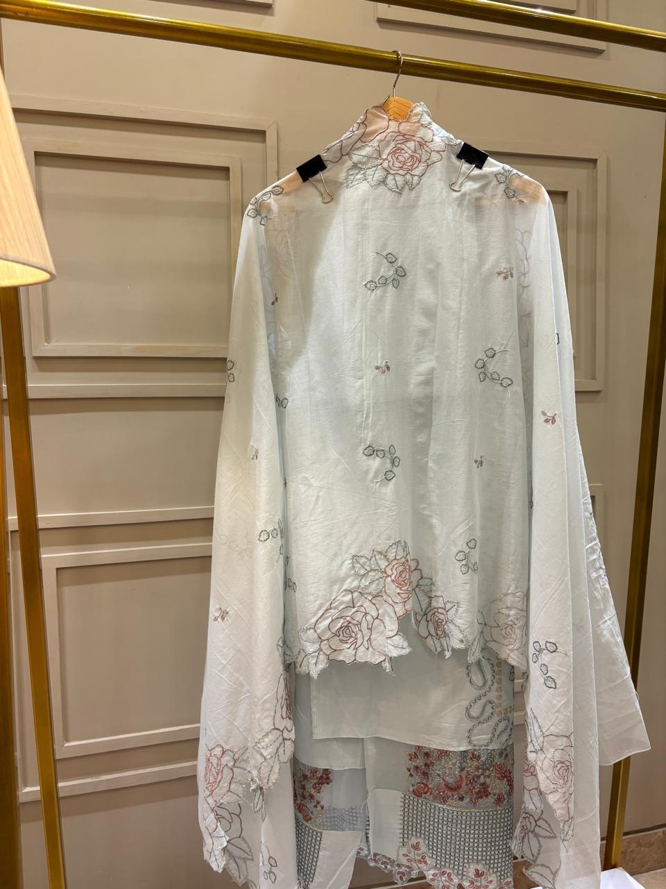 Soft Cotton Pastel Blue Unstitched Suit with Cutwork Embroidered Dupatta