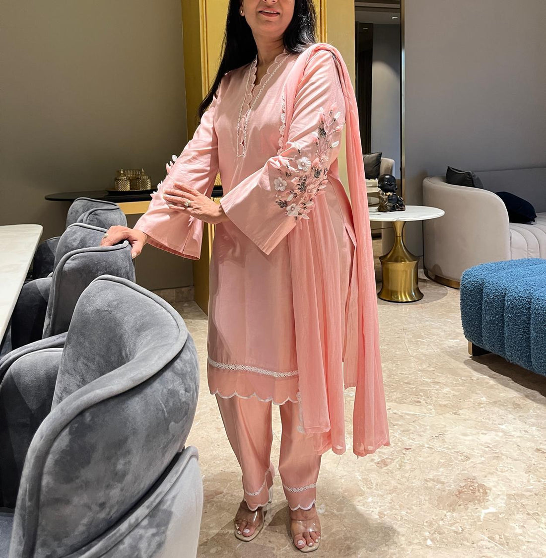 Elegant Light Pink Embroidered Stitched Suit with Lace Dupatta