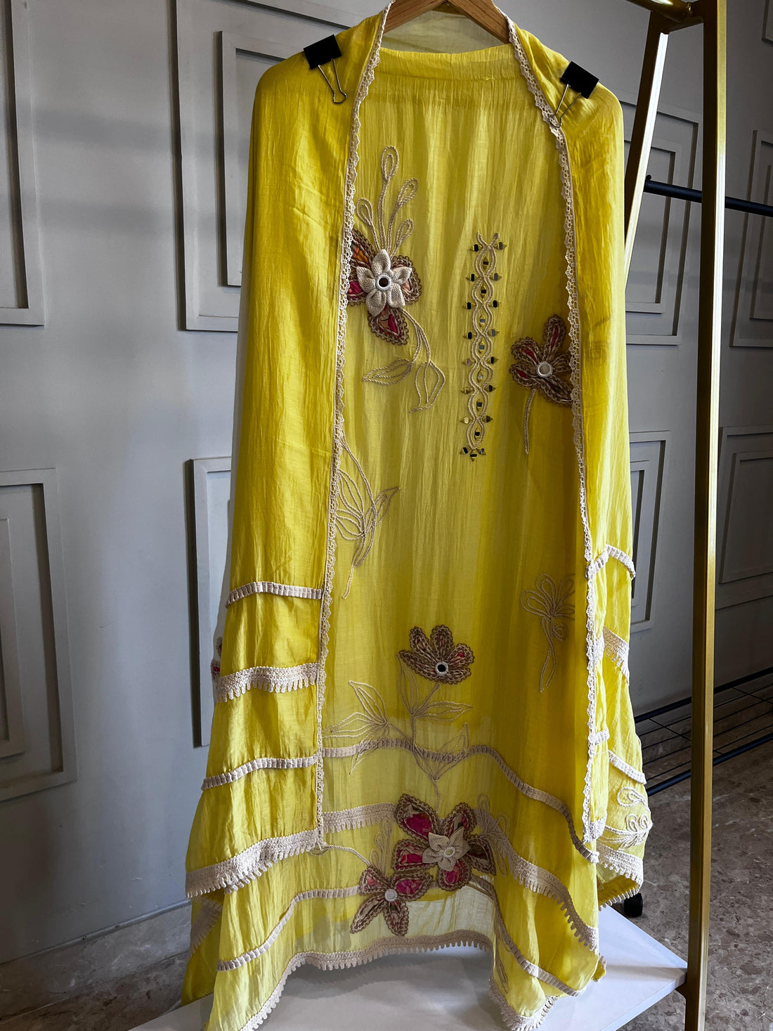Pastel Yellow Mul Cotton Unstitched Suit with Embroidered Dupatta