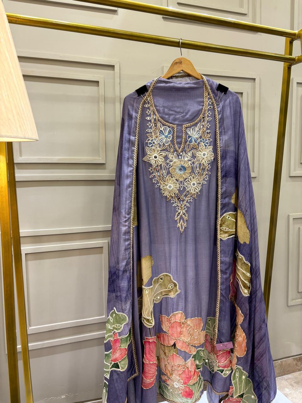 Soft Lavender Pure Muslin Unstitched Suit with Floral Dupatta and Mirror Work