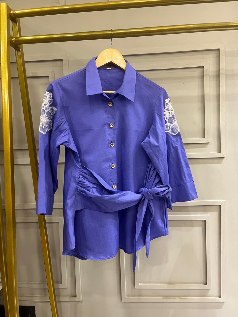 Azure Bloom – Blue Embroidered Shirt with Waist Tie