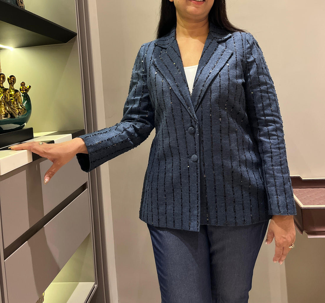 Denim Blazer with Pants – Sequin Stripe Co-ord Set