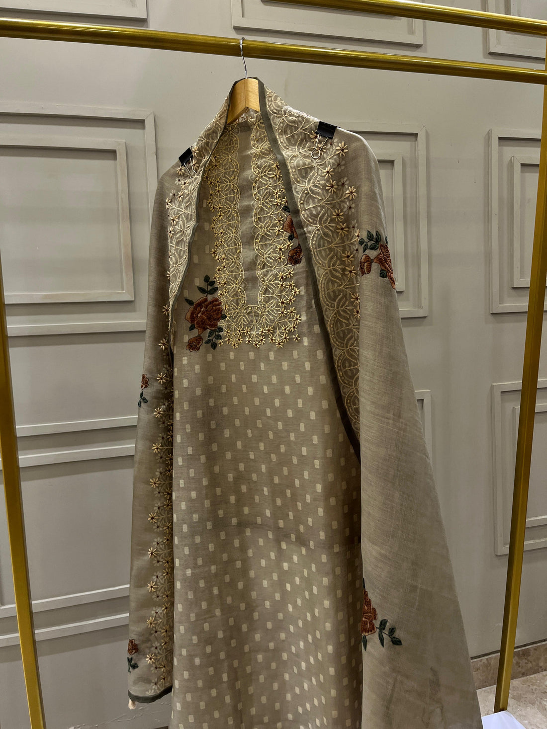 Pista Green Pure Chanderi Unstitched Suit with Embroidered Yoke & Elegant Dupatta