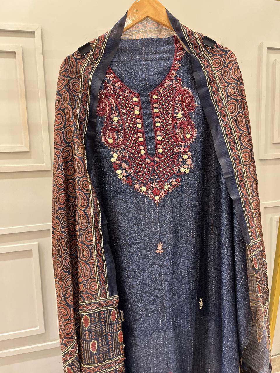 Royal Blue Tussar Unstitched Suit with Embroidered Dupatta
