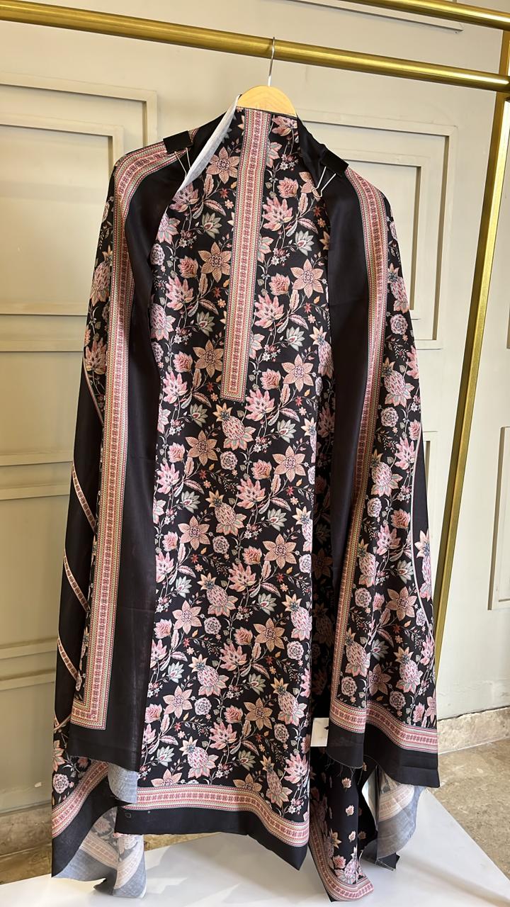 Black Woolen Printed Unstitched Suit