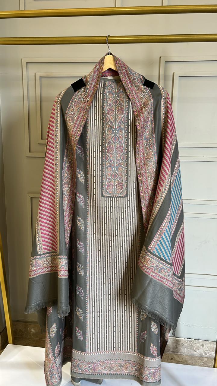 Grey Woolen Kani Weaving Unstitched Suit