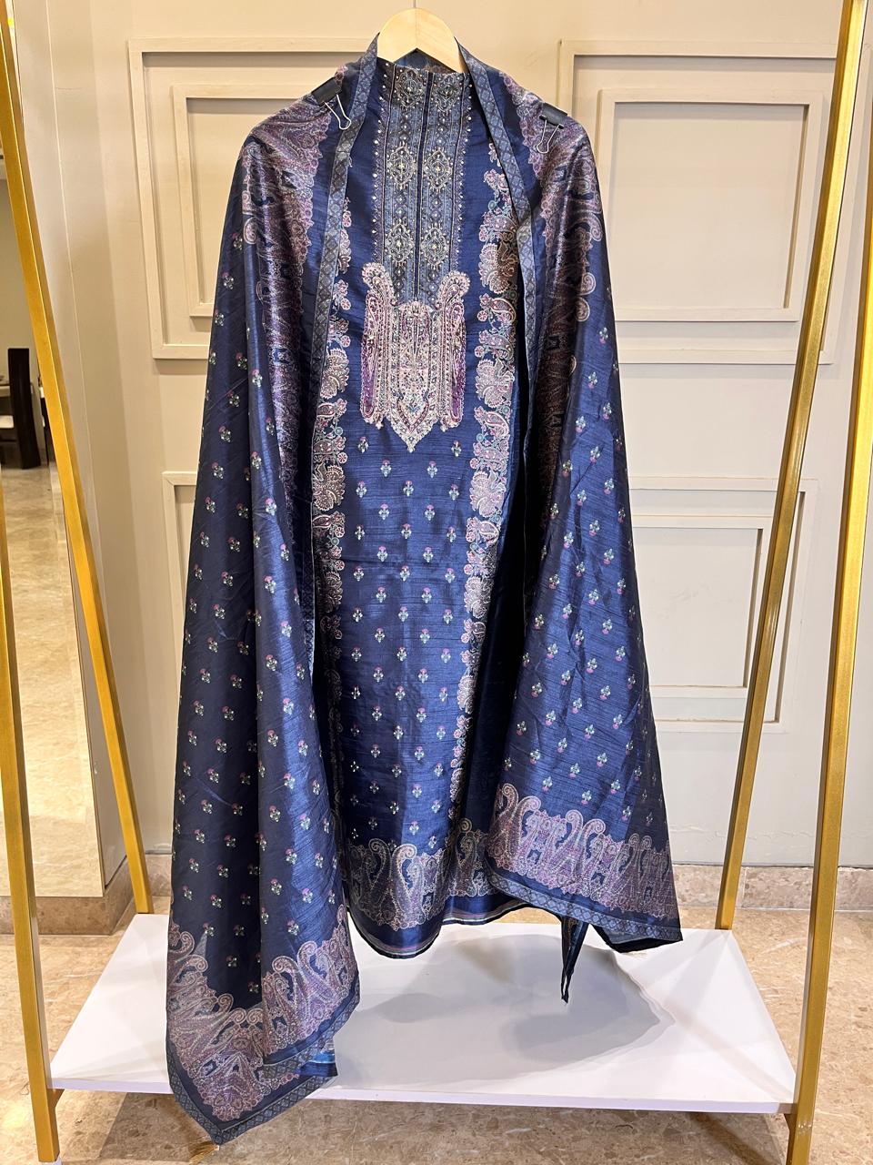 Pure Silk Navy Blue Unstitched Suit
