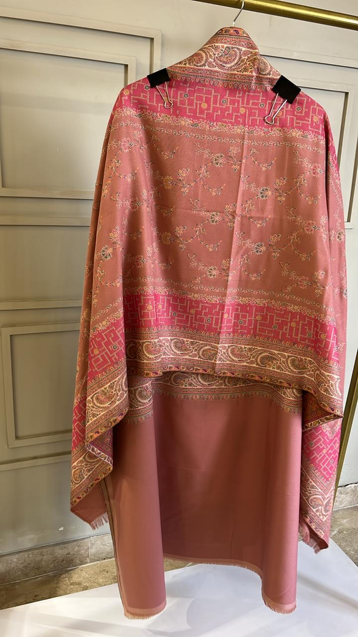 Peach Pink Woolen Kani Weaving Unstitched Suit