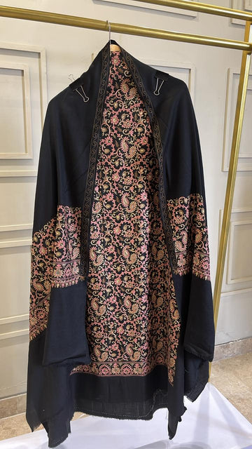 Pure Pashmina Black Shade Unstitched Suit with Thread Embroidery & Dupatta