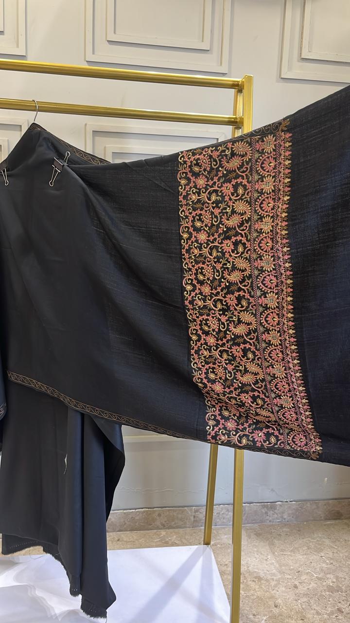 Pure Pashmina Black Shade Unstitched Suit with Thread Embroidery & Dupatta