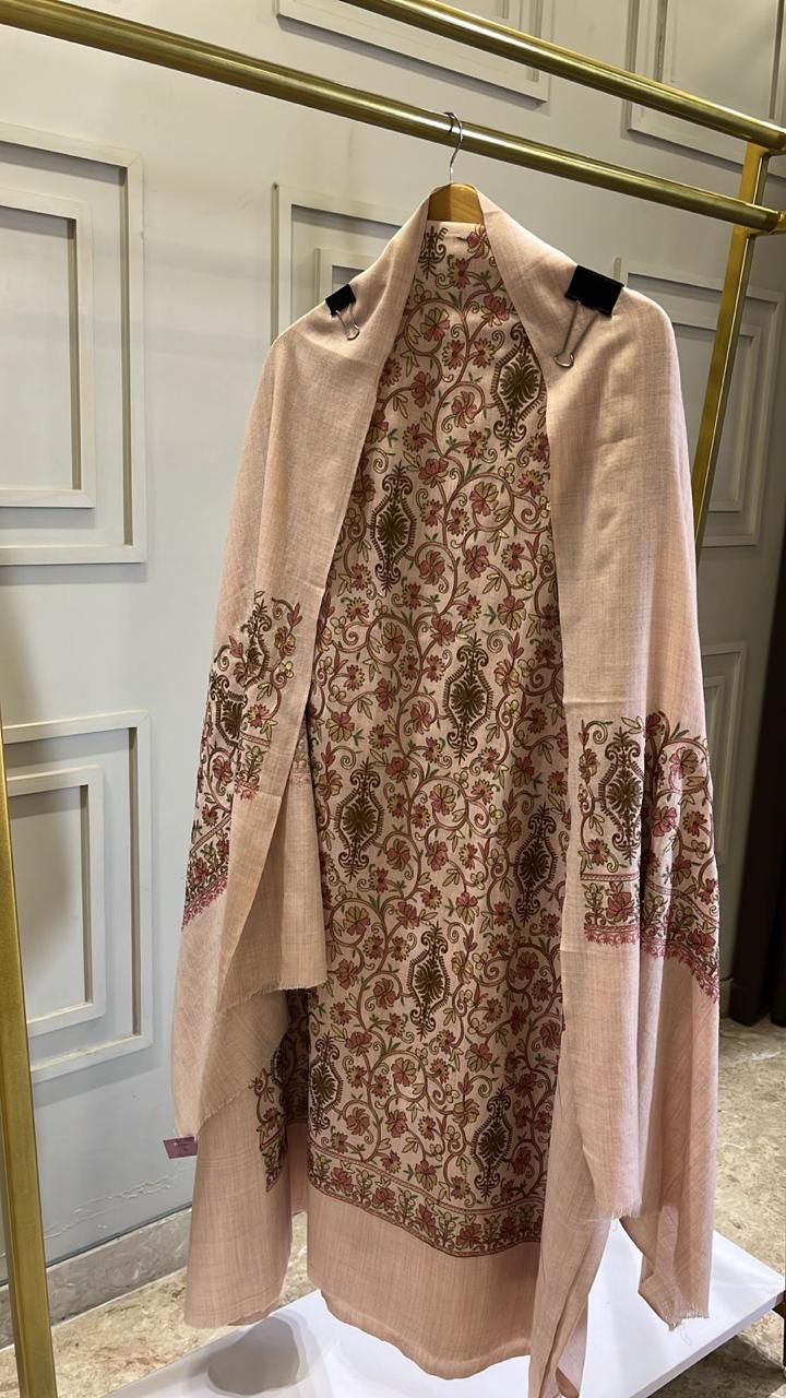 Pure Pashmina Pastel Pink Unstitched Suit with Thread Embroidery & Dupatta