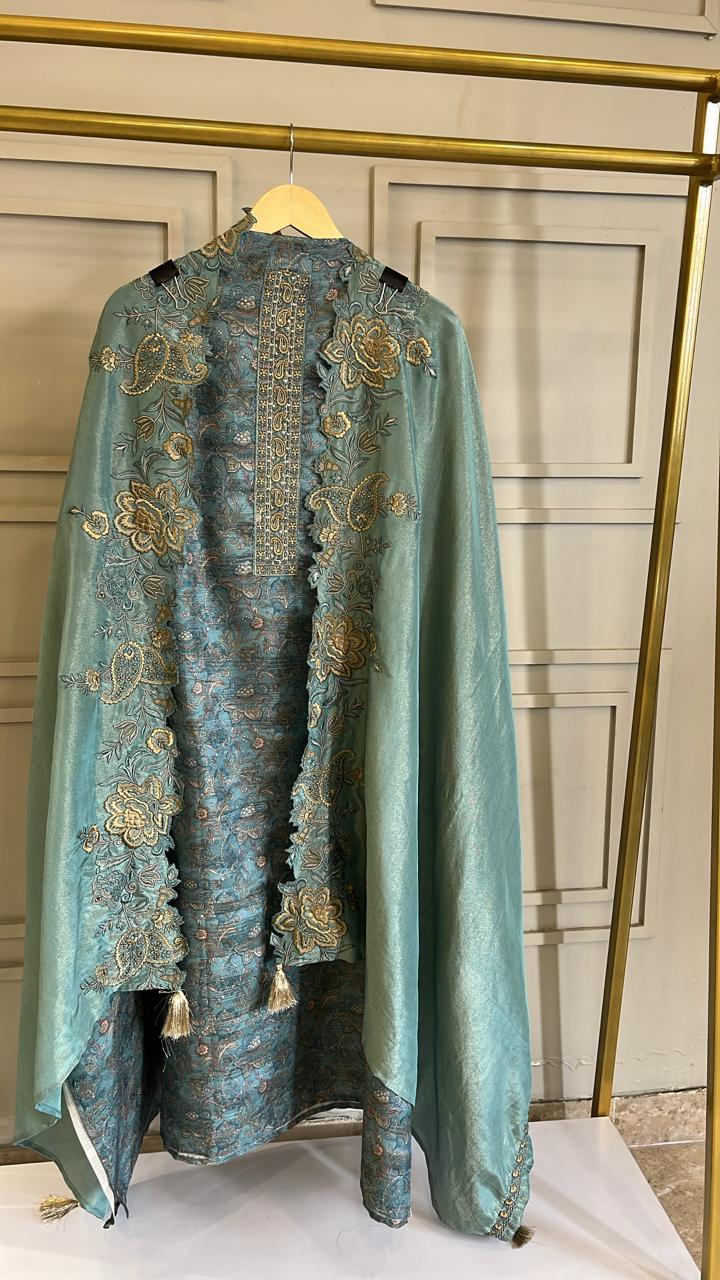 Bluish Green Tussar Silk Unstitched Suit with Thread Work & Hand-Embellished Dupatta