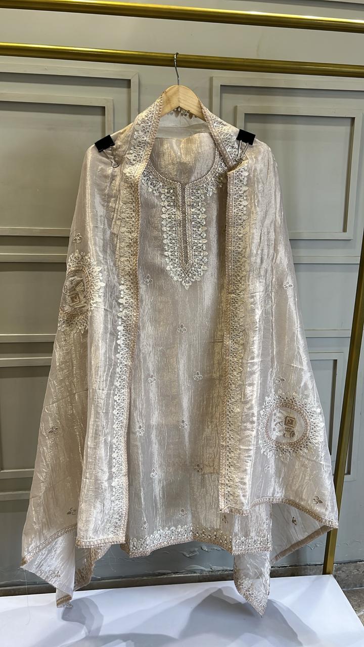 Ivory Pure Tissue Unstitched Suit with Handwork & Embroidered Dupatta