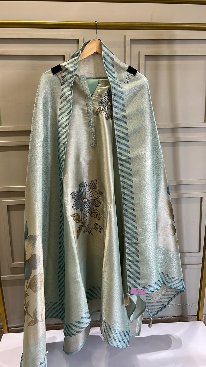 Ivory Pure Tissue Unstitched Suit with Hand Embroidery & Cut Dana Work