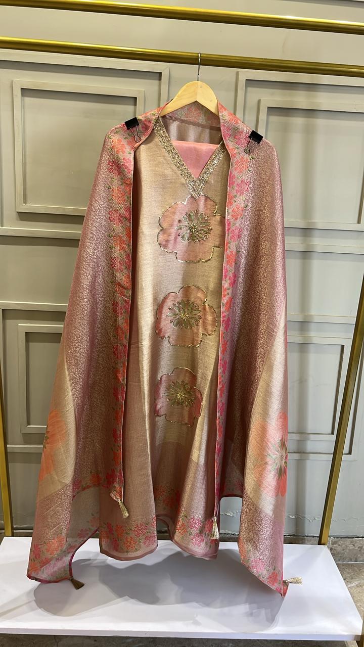 Pastel Pink Brocade Tissue Unstitched Suit with Highlighted Shirt & Digital Floral Dupatta