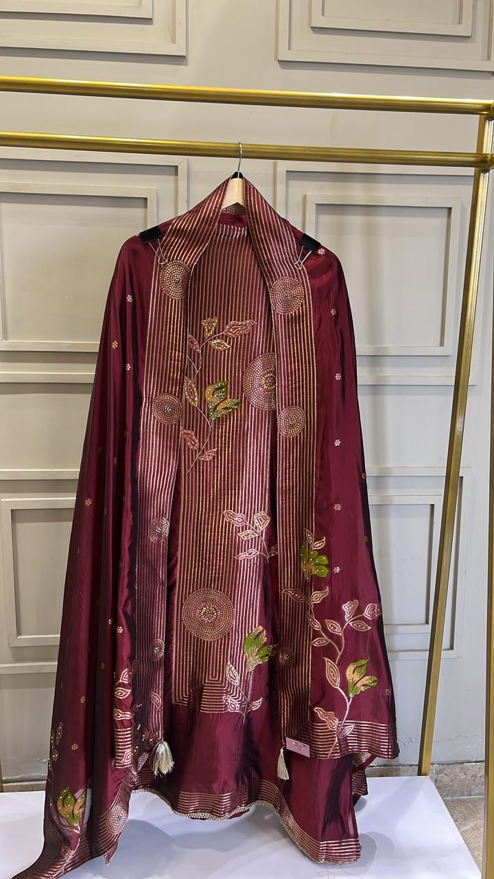 Maroon Pure Silk Unstitched Suit with Highlighted Shirt & Dupatta