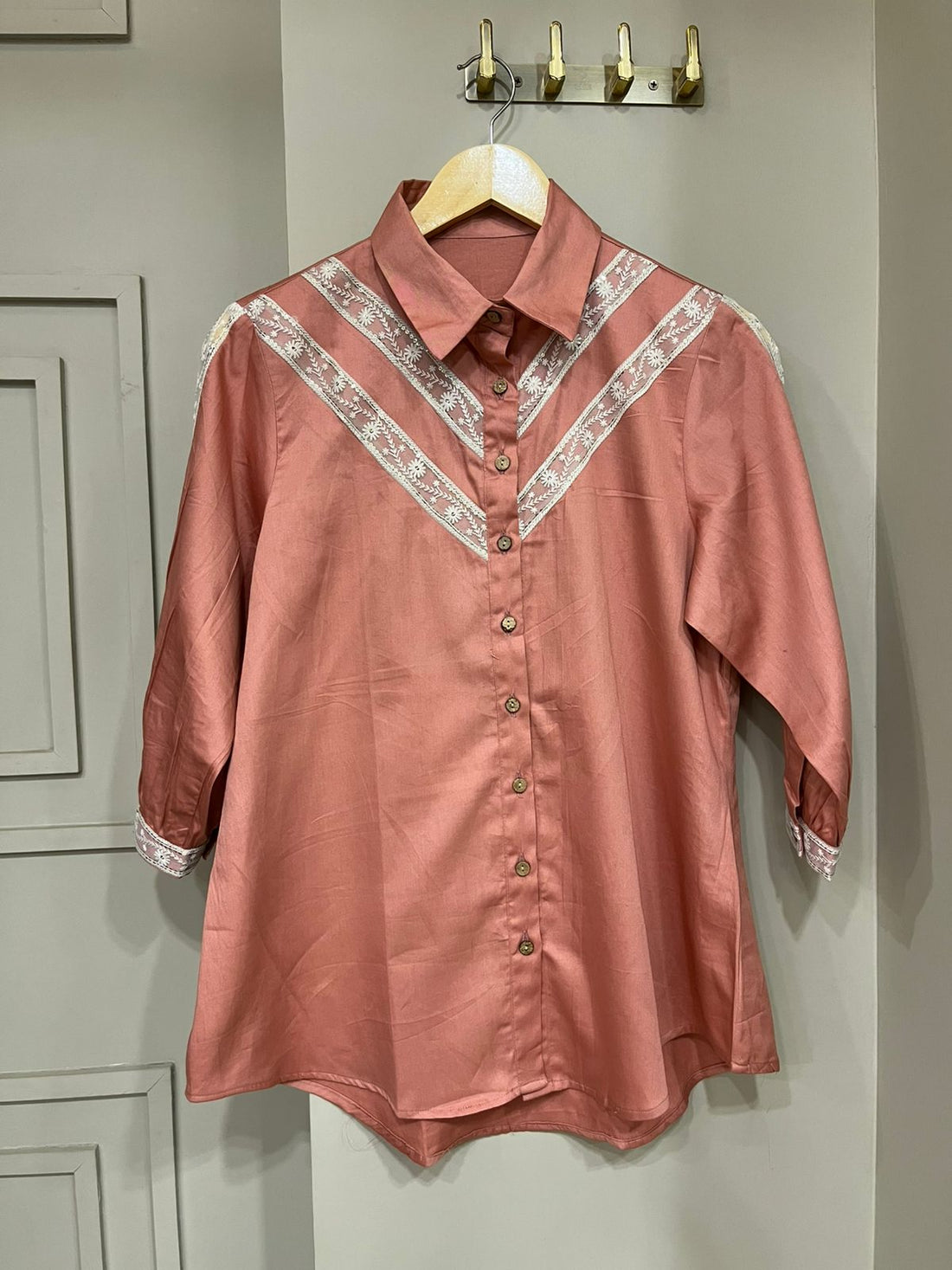 Organic Cotton Peach Shirt with Delicate Lace Accents