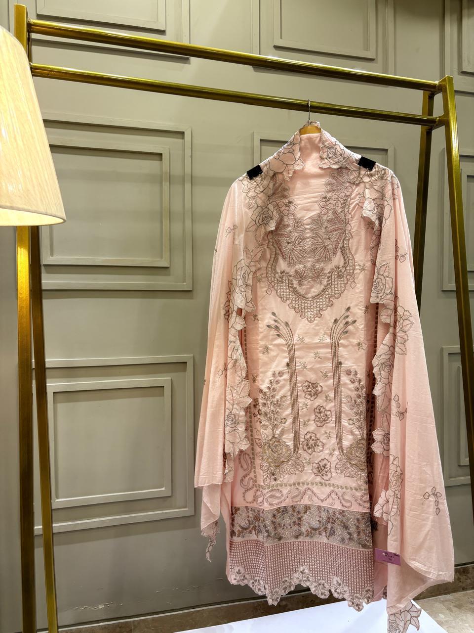 Soft Cotton Pastel Pink Unstitched Suit with Cut-work Thread Embroidered Dupatta