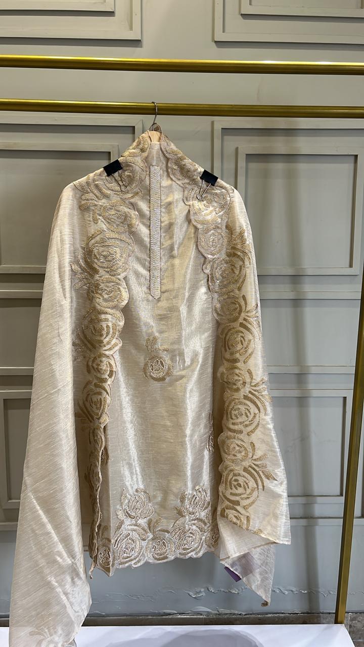 Ivory Pure Tissue Unstitched Suit with Hand Embroidery & Cut Dana Work